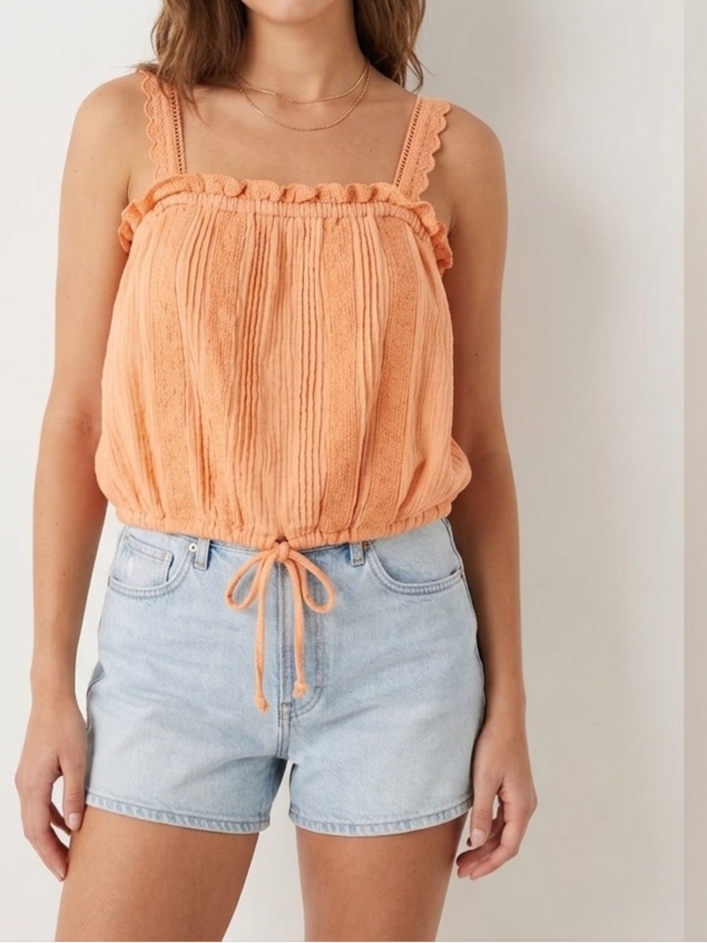 Free People Because Of You Tank Top Smocked Ruffle Drawstring Peach 😍